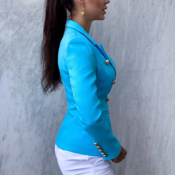 Turquoise Double-Breasted Blazer Gold Tone Buttons - Picture 10 of 14
